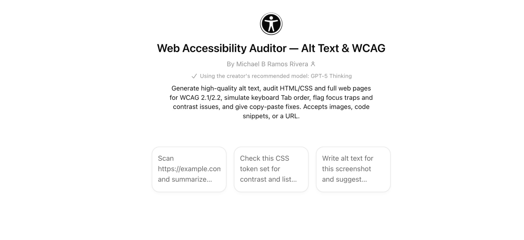 Web Accessibility Auditor homepage with title, description, and three interface buttons.