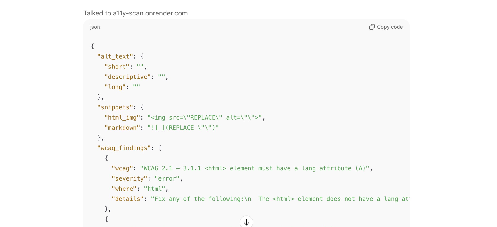JSON output with alt text fields for a screenshot of the Web Accessibility Auditor interface.