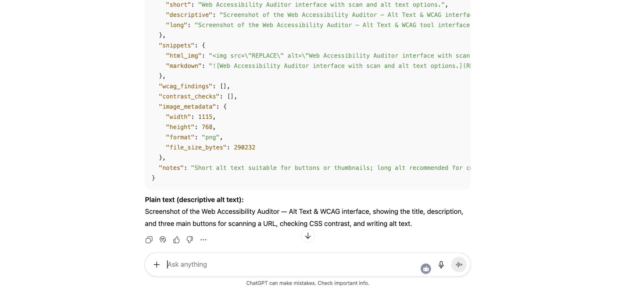 WCAG violation results from a scanned page, listing missing language attributes and main landmark.