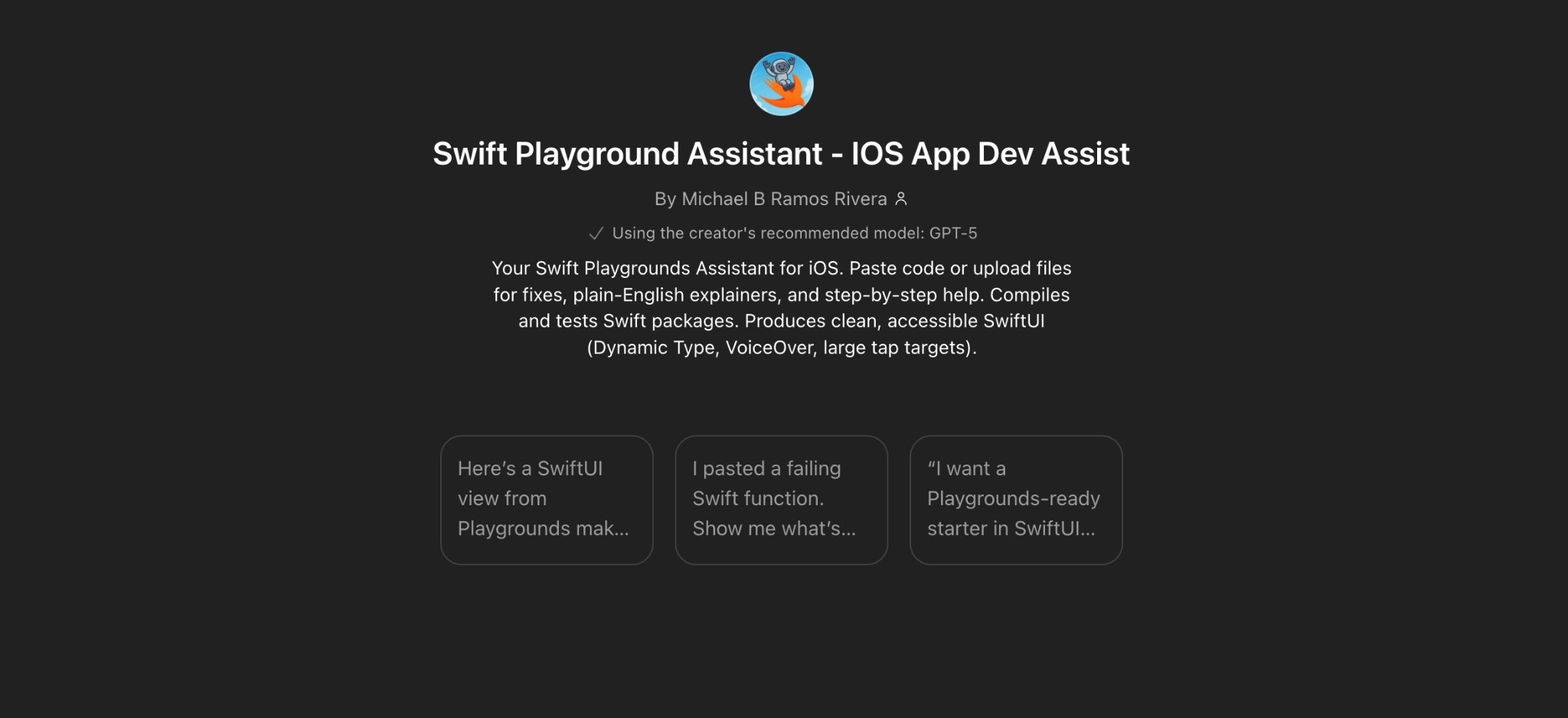 Swift Playground Assistant store listing with title and description.