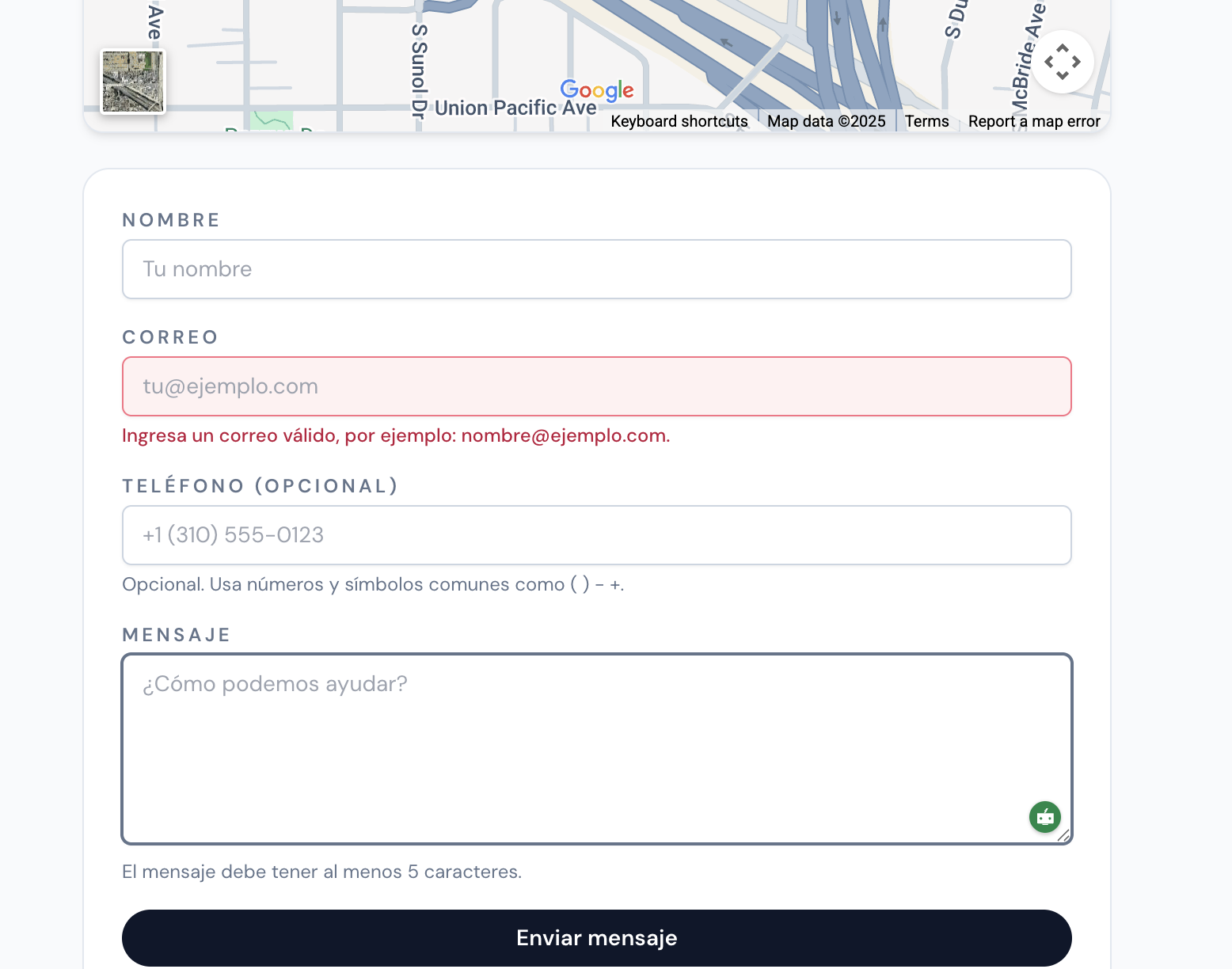 Contact page showing the embedded map and the bilingual contact form layout.