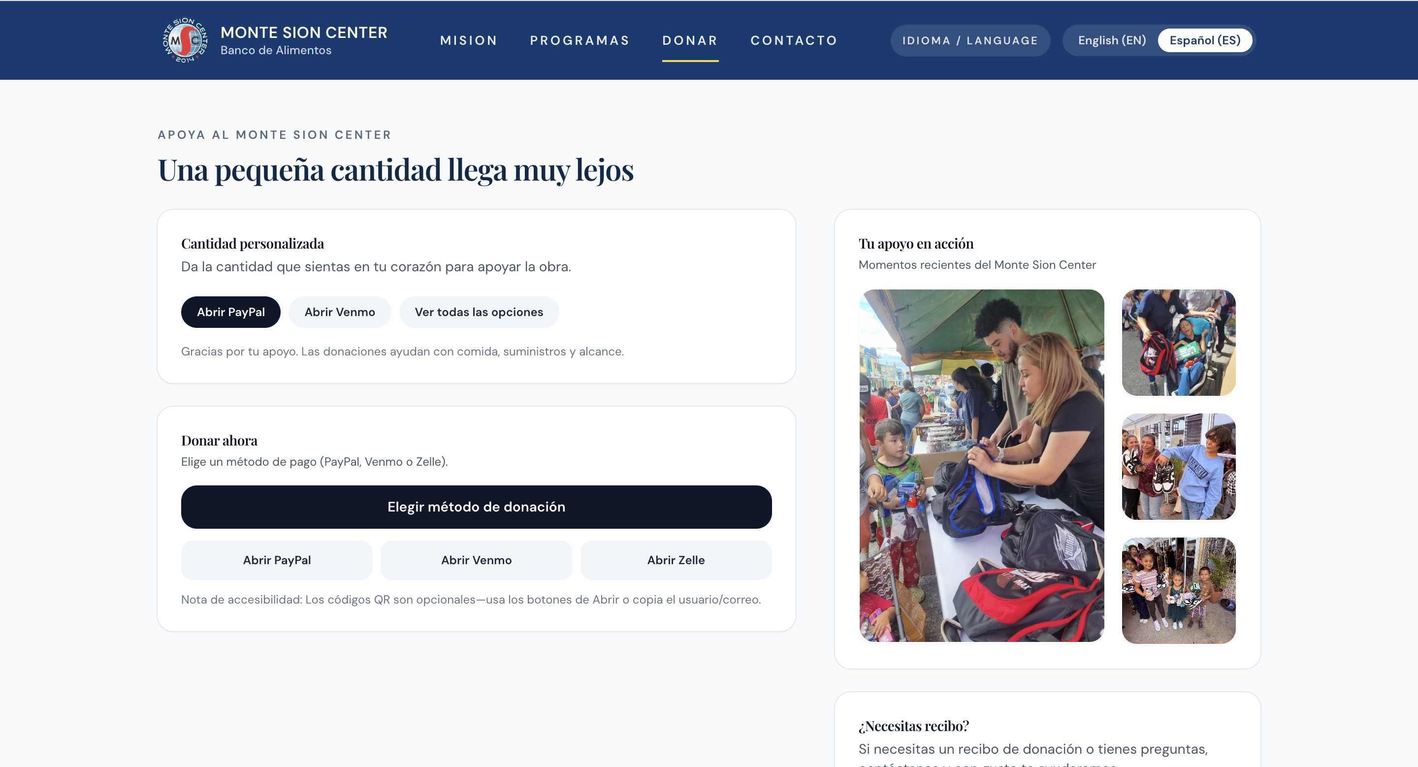 Donate page layout with donation options and a photo gallery card on the right.