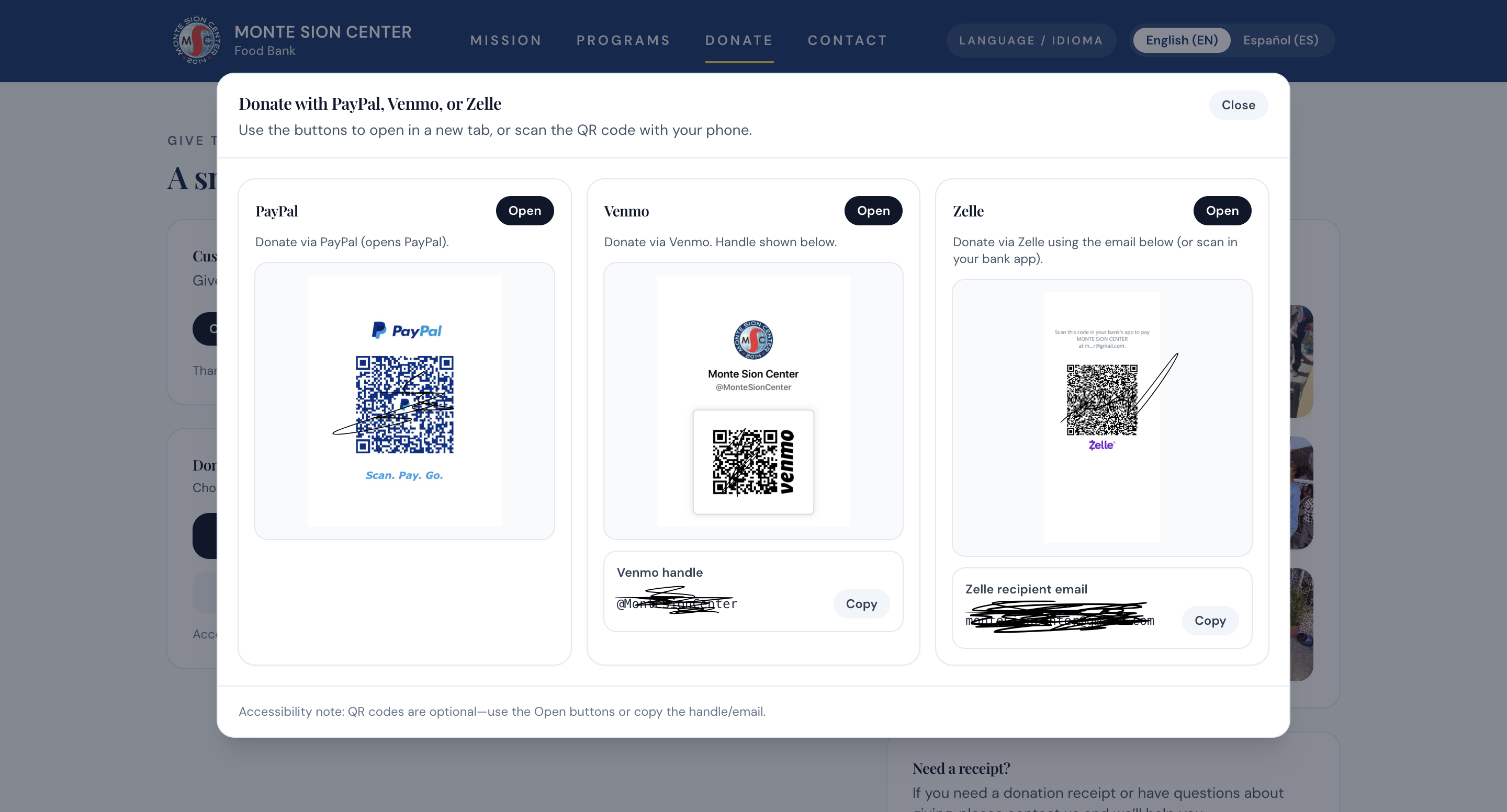 Donation modal with PayPal, Venmo, and Zelle options including QR codes and copy buttons.