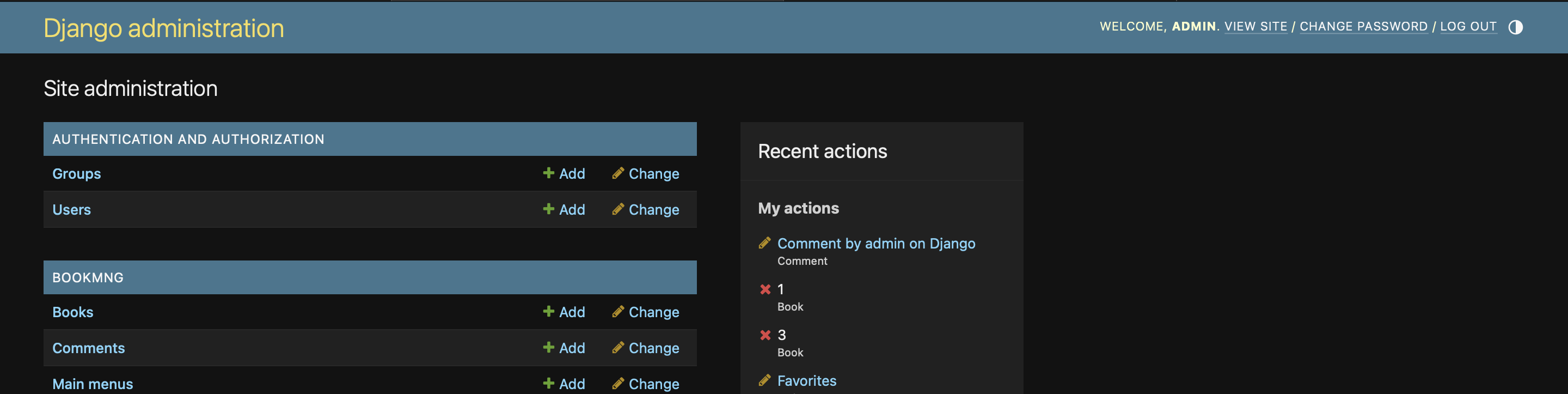 Django admin panel interface for managing books, comments, and users