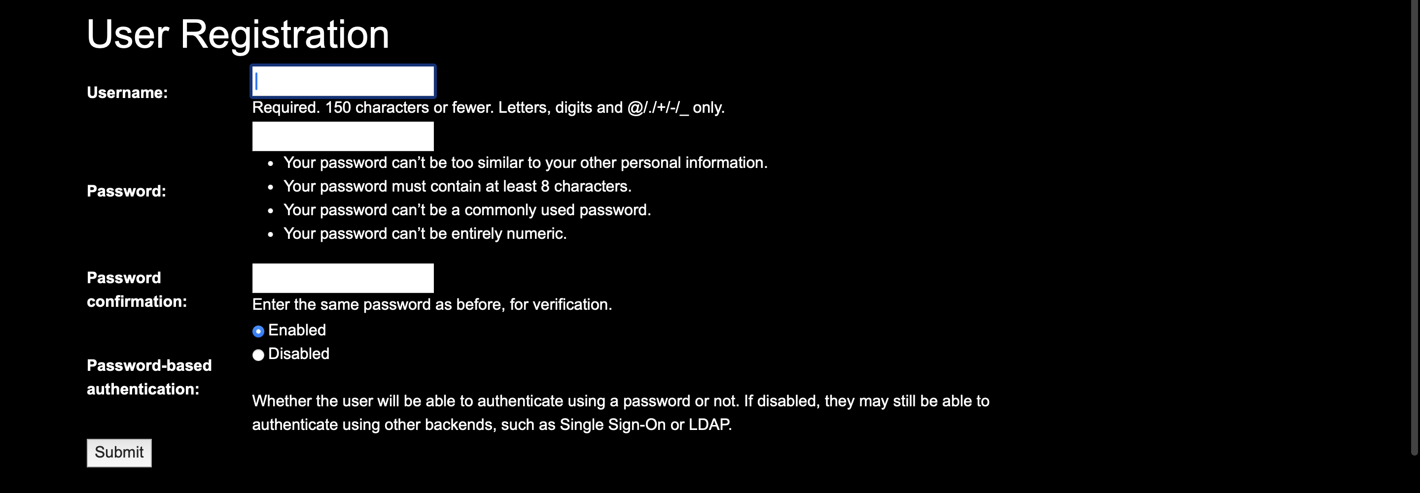 User registration page with secure password input