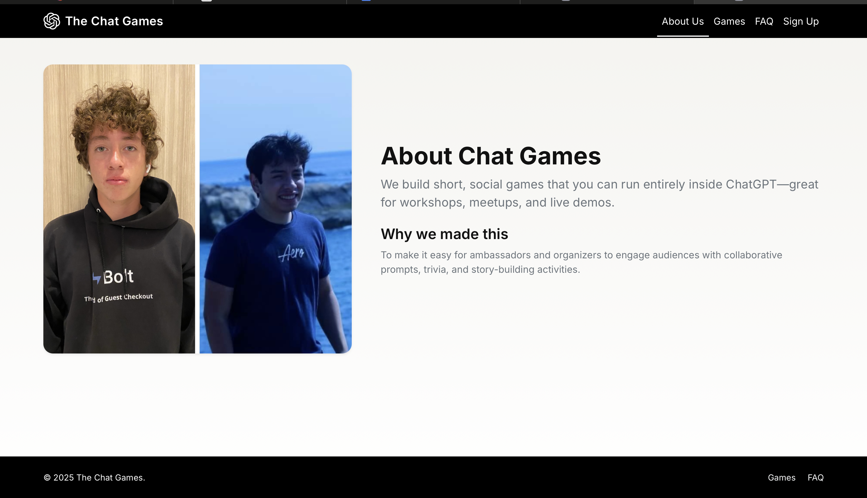 About Chat Games page with team photos and mission statement.