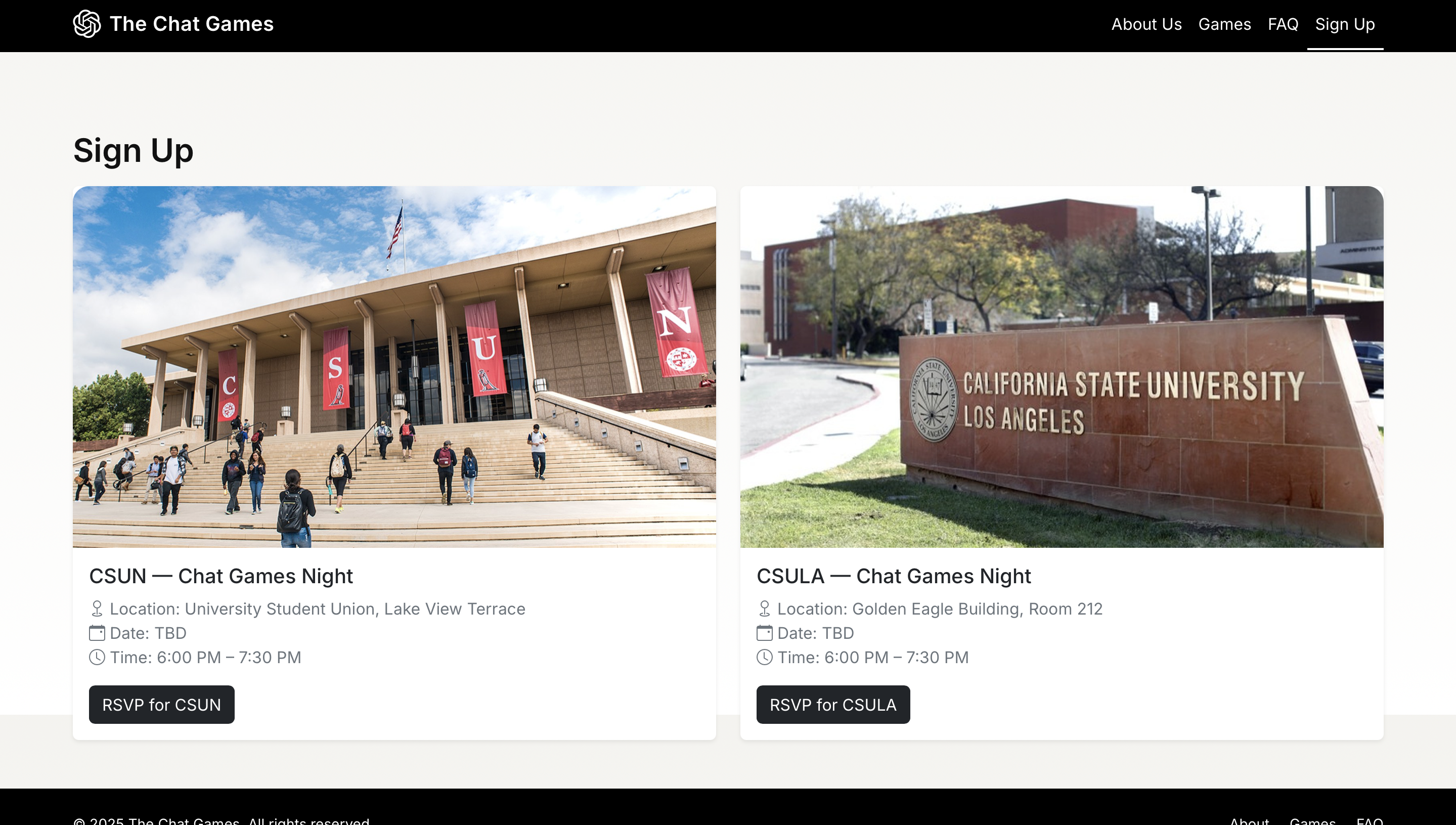Sign Up section with event cards for CSUN and CSULA.