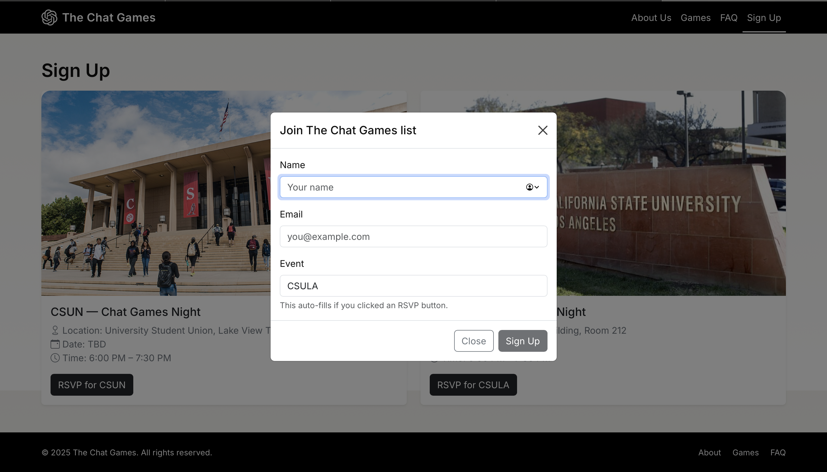Join The Chat Games list modal shown over a CSU campus photo.